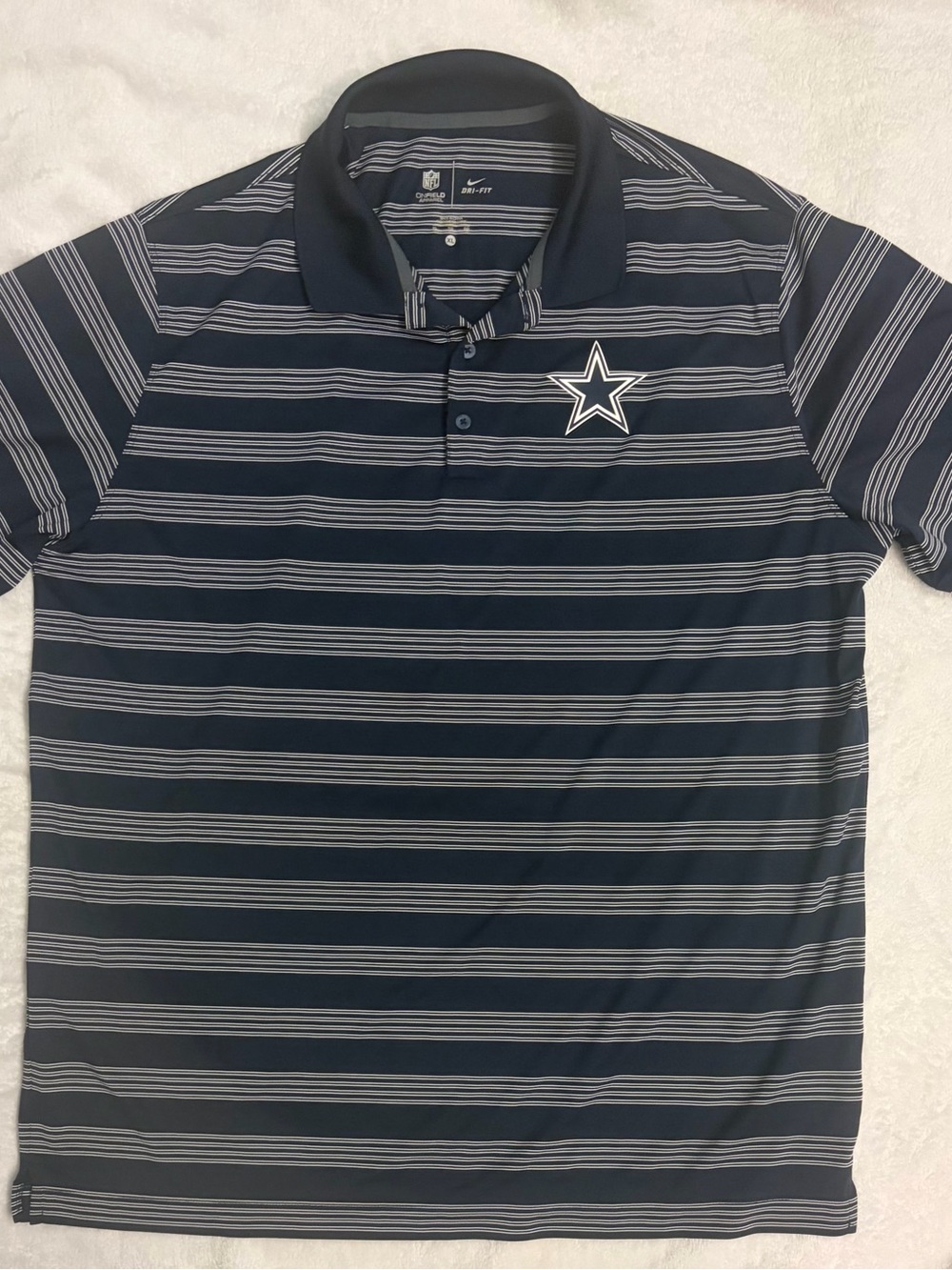 Nike Men's Navy and White Striped Polo with Star Logo